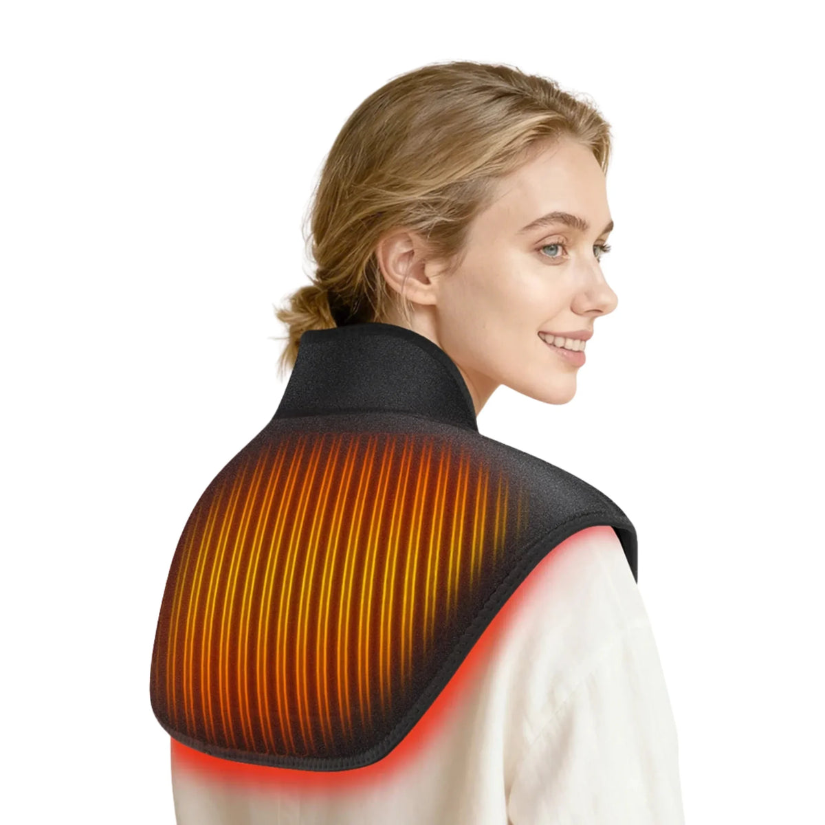 Woman wearing heated shoulder wrap for muscle recovery and wellness