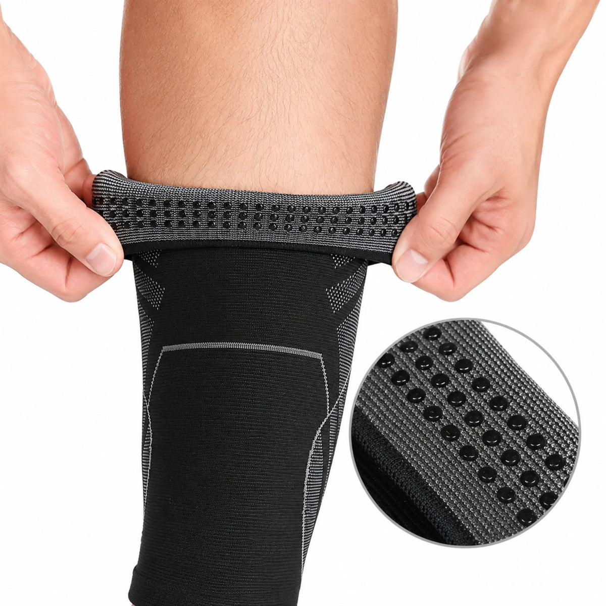 Black compression knee sleeve with non-slip grip dots for support and recovery during workouts