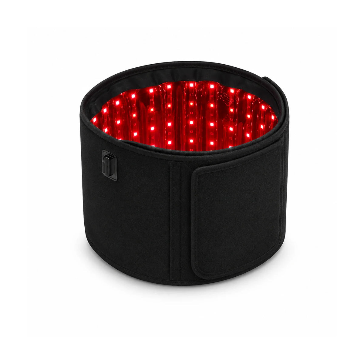Black red light therapy belt with glowing LEDs for muscle recovery and wellness