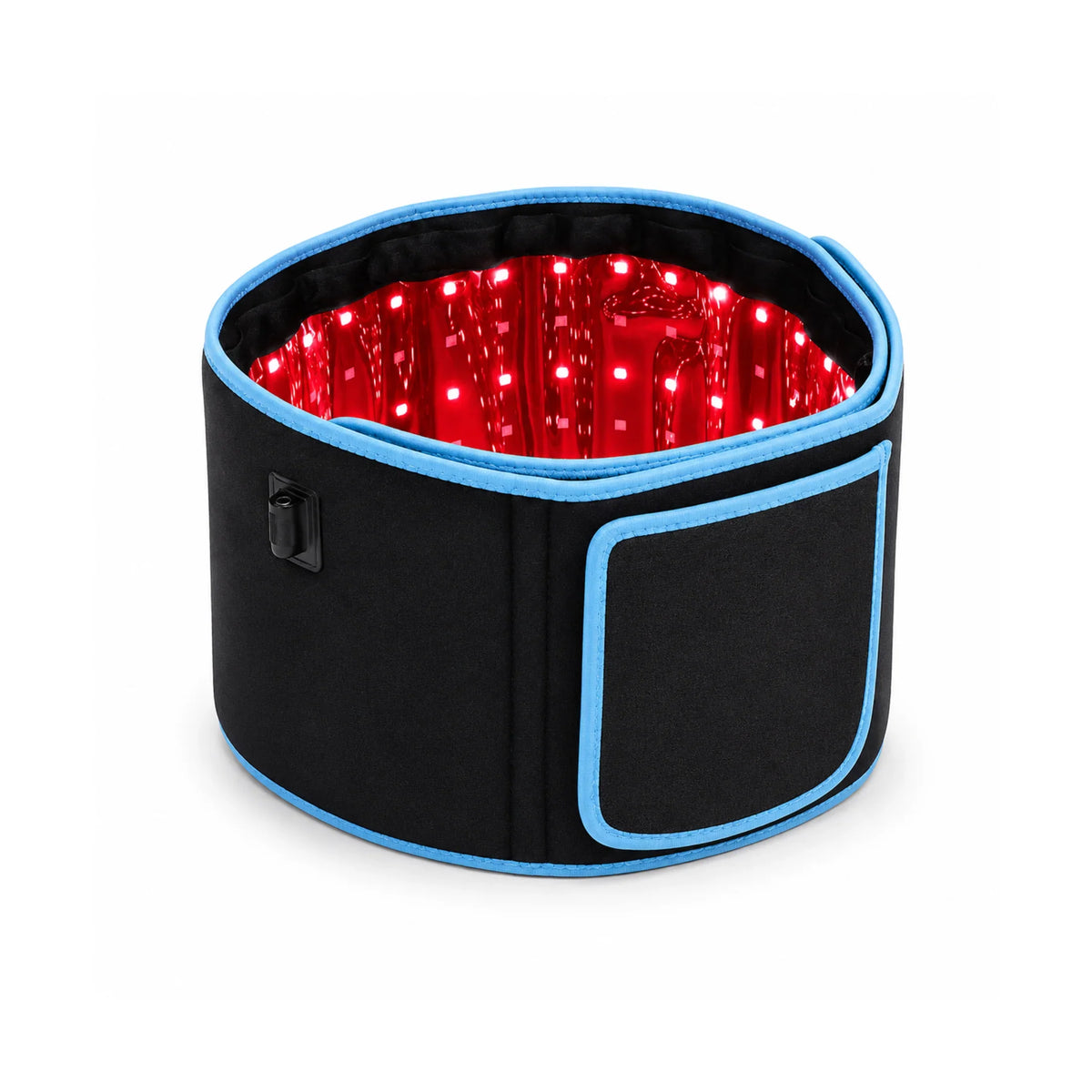 Black and blue recovery waist belt with red LED lights for muscle therapy and wellness