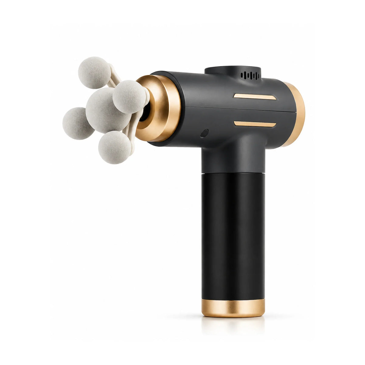 Black and gold massage gun with multi-ball head for muscle recovery and wellness