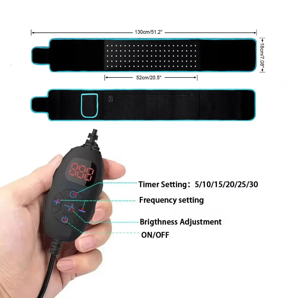 Black LED therapy belt with remote control, timer, frequency & brightness settings for pain relief and muscle recovery
