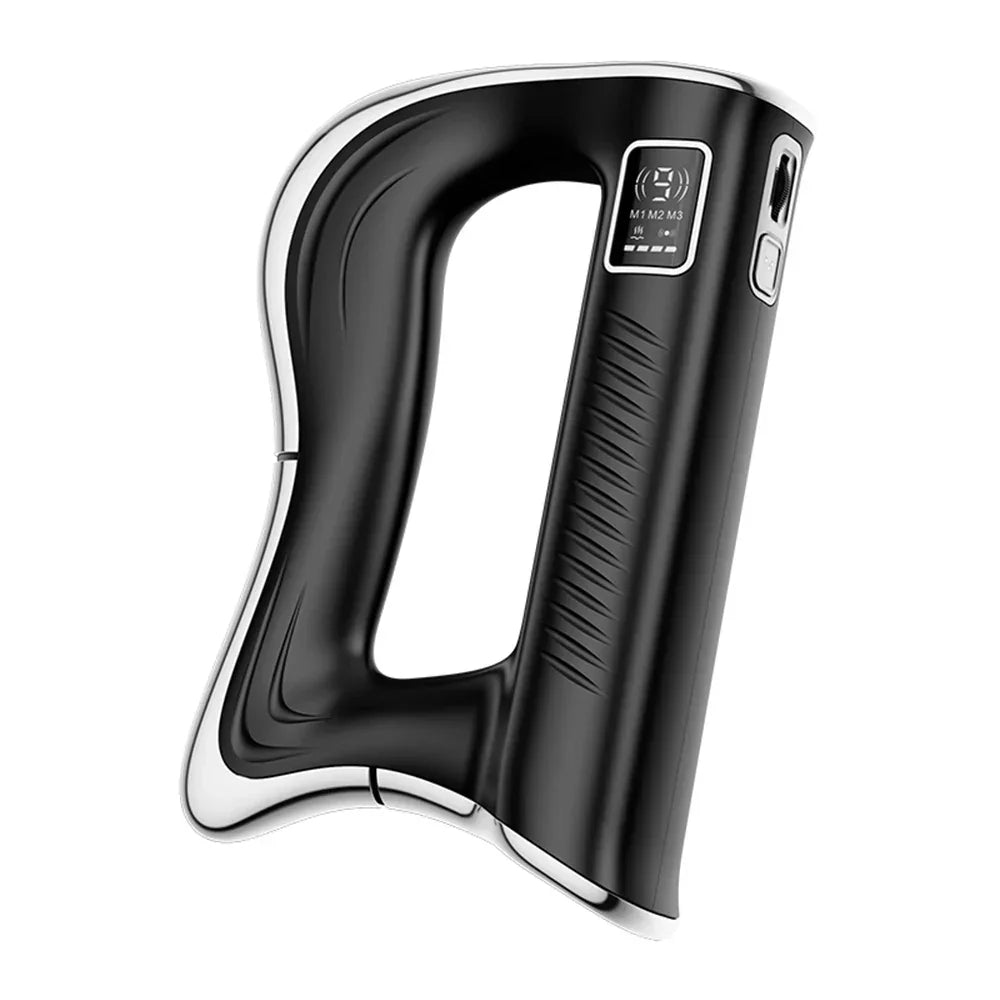 Black ergonomic handheld massager with digital display and mode buttons