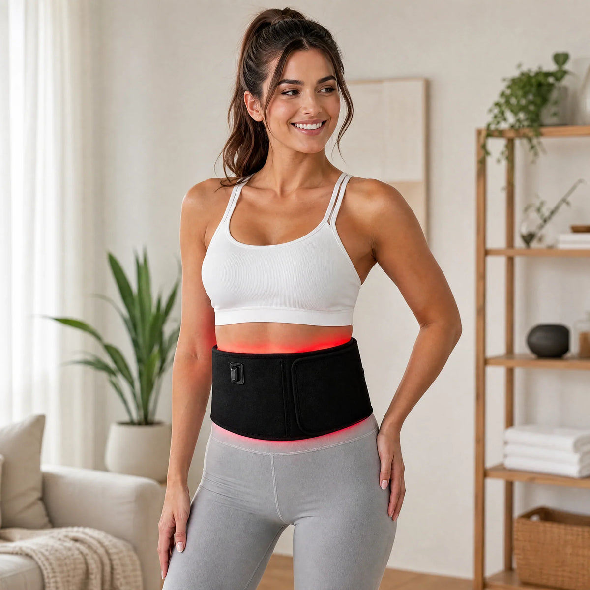 Woman wearing black heated back brace with red glow for lower back pain relief and muscle recovery at home