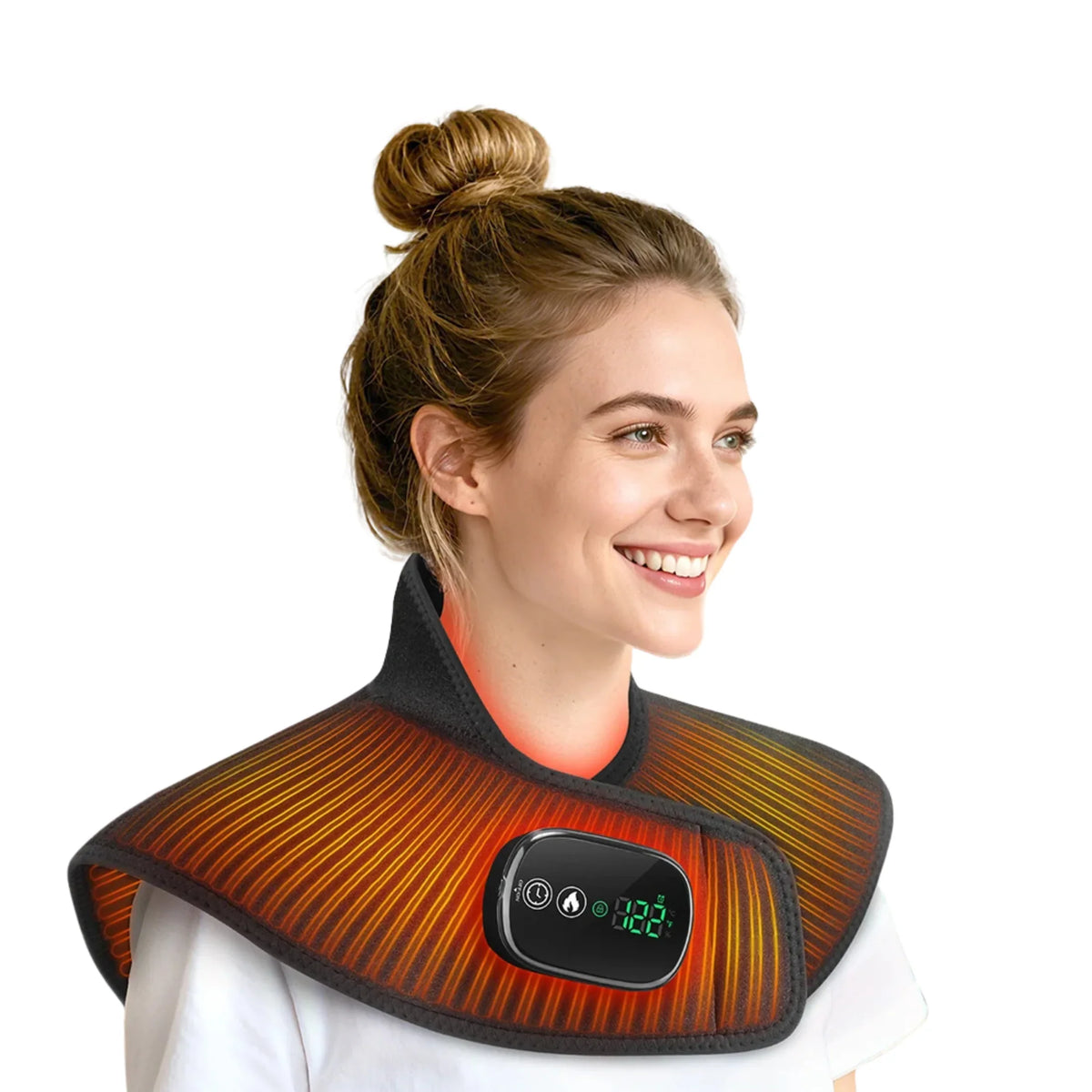 Woman using heated neck and shoulder massager with digital control panel for muscle recovery and relaxation
