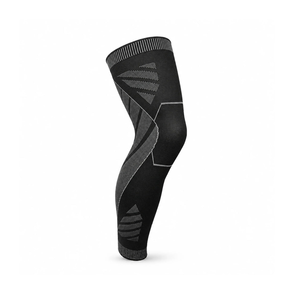 Black compression leg sleeve with gray geometric patterns for recovery and performance support