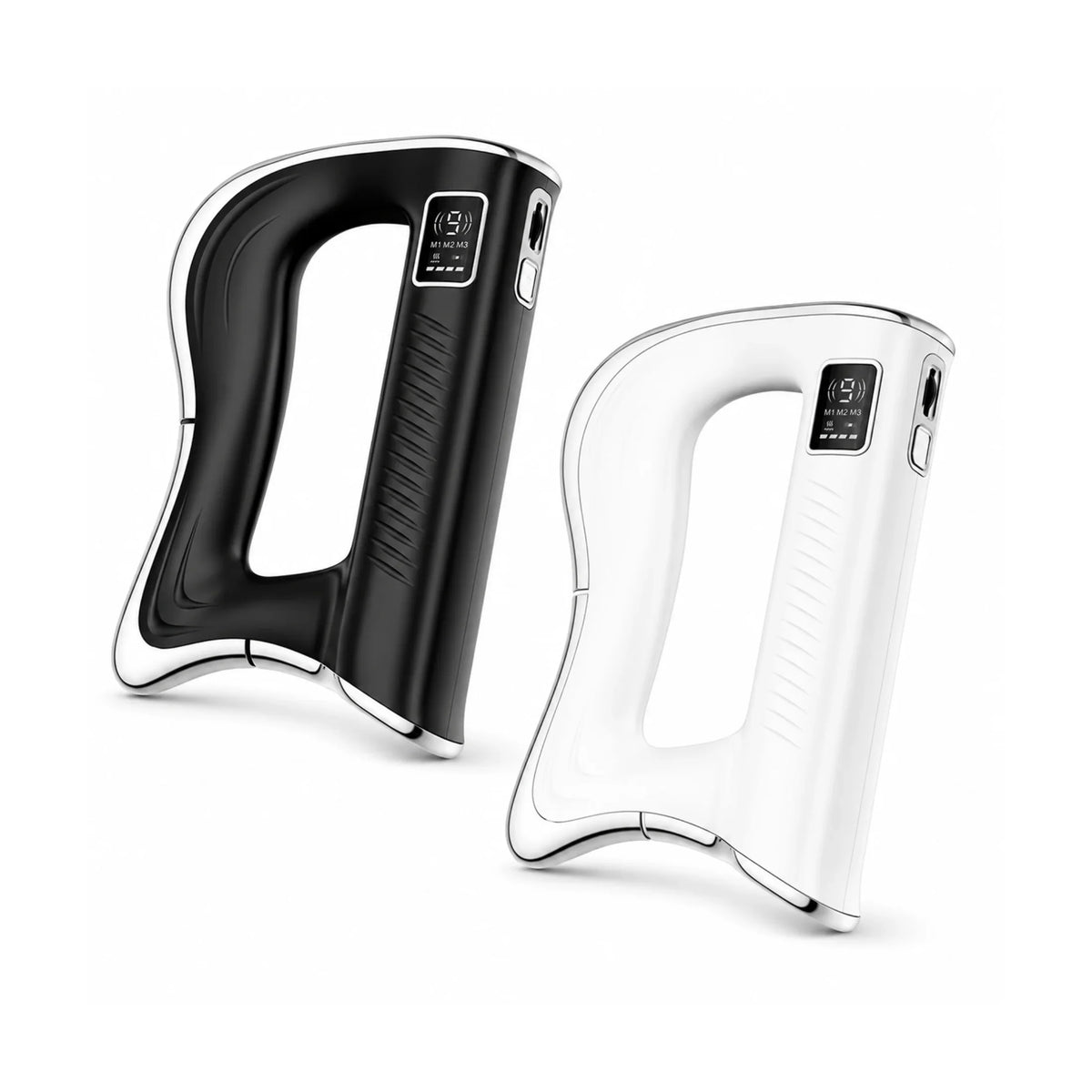 Black and white massage guns with digital displays for muscle recovery and wellness