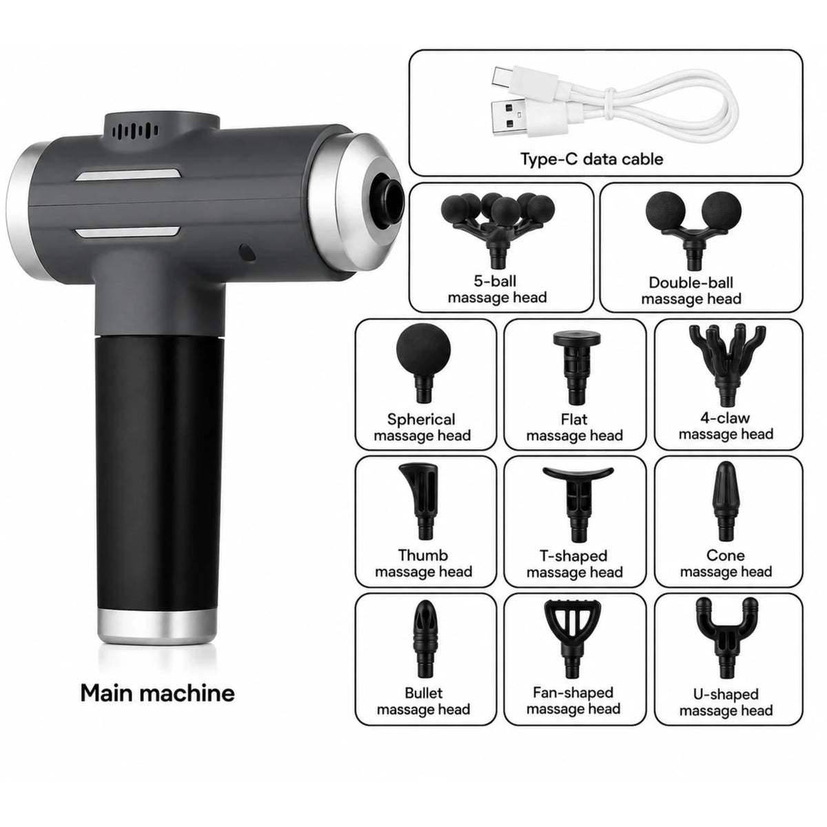 Black massage gun with 10 interchangeable heads and Type-C charging cable for muscle recovery