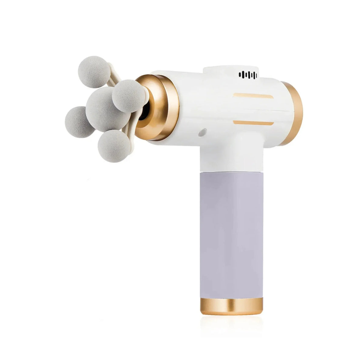 White and gold massage gun with multi-ball head for muscle recovery and wellness