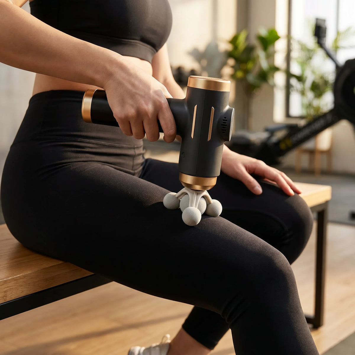 Woman using black and gold massage gun with multi-ball head on thigh for muscle recovery