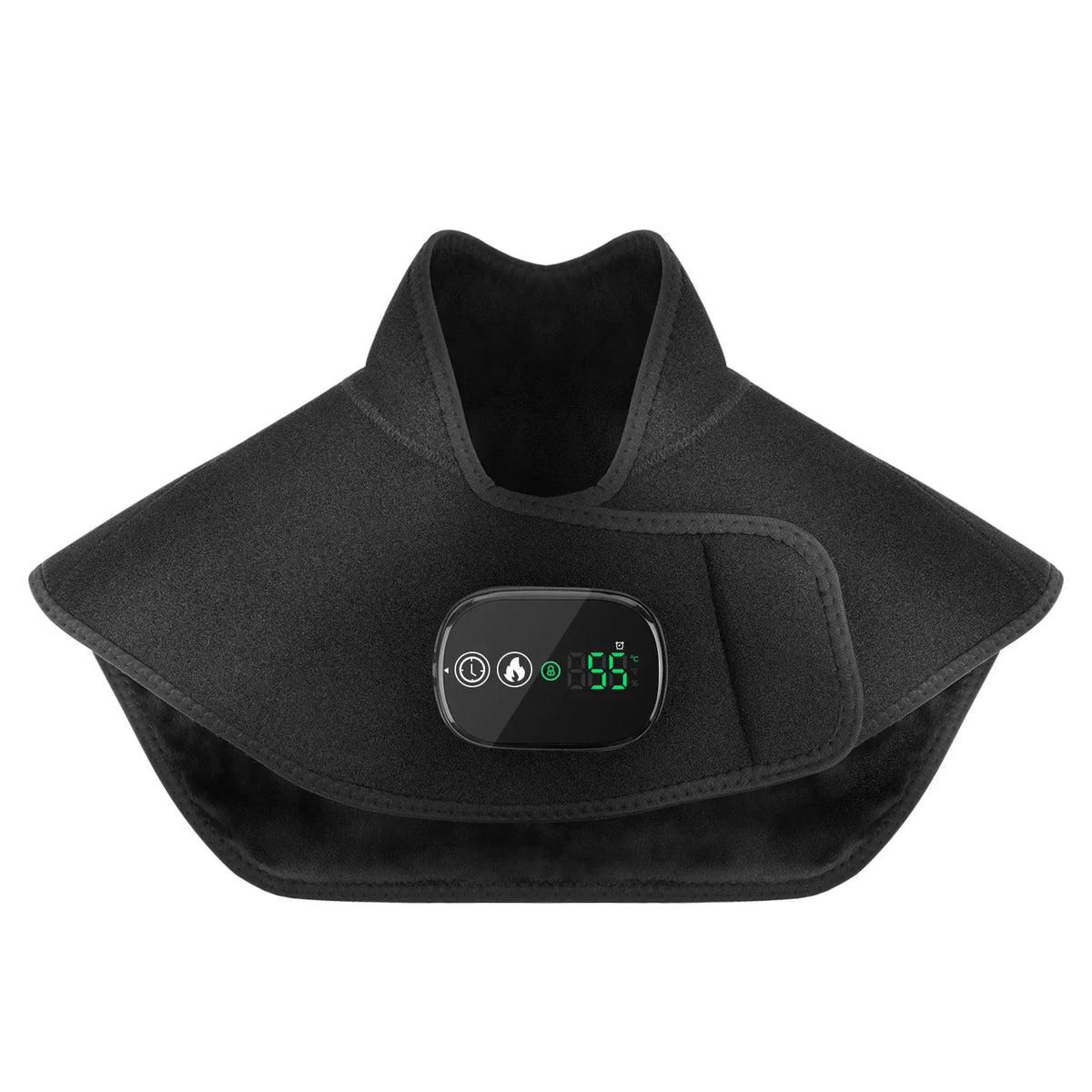 Black heated neck wrap with digital display showing 55°C, ideal for muscle recovery and relaxation.