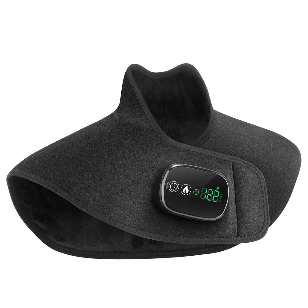 Black heated neck wrap with digital temperature display for muscle recovery and wellness