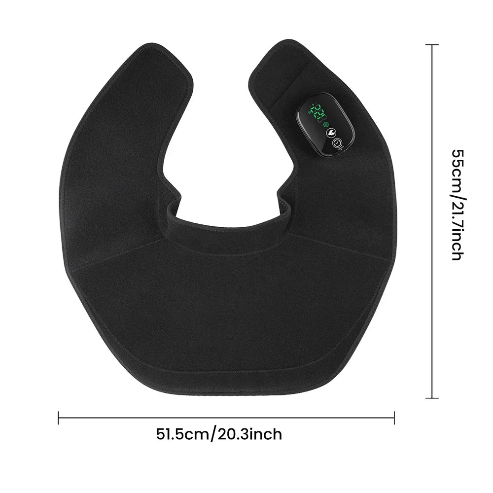 Black heated neck wrap with digital control panel, 55cm x 51.5cm, for muscle recovery and relaxation