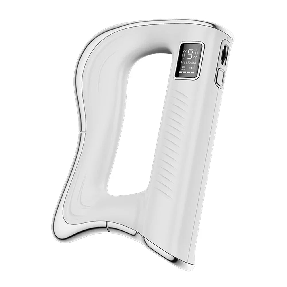 White handheld massager with digital display and ergonomic grip for muscle relaxation